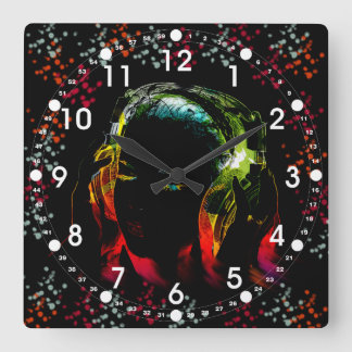 Horloge Carrée Casques de musique écoute fille Neon Colors Cadeau