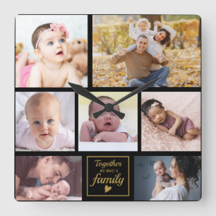 Horloge Carrée Casquette 7 Photo Collage Gold Famille Noir