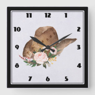 Horloge Carrée Casquette Brown Cowgirl avec fleurs roses