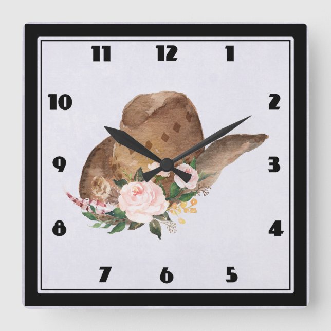 Horloge Carrée Casquette Brown Cowgirl avec fleurs roses (Recto)
