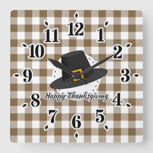 Horloge Carrée Casquette pèlerin noir sur plan Brown - Thanksgivi