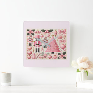 Horloge Carrée Casse-Noisette Rose Arbre de Noël 