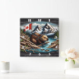 Horloge Carrée Castor canadien avec drapeau de Mountain River
