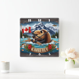 Horloge Carrée Castor Canadien Avec Drapeau Près De Kimberly