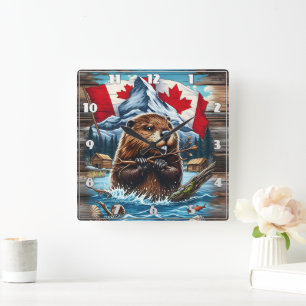 Horloge Carrée Castor canadien avec océan bleu