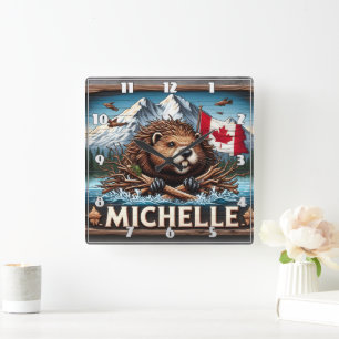 Horloge Carrée Castor Canadien Avec Scène Océanique Bleue