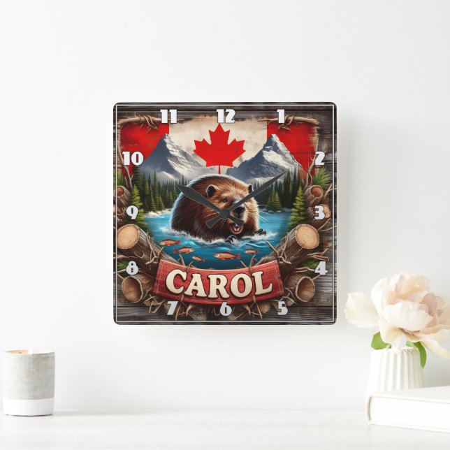 Horloge Carrée Castor canadien, drapeau, vue sur la montagne (Maison)