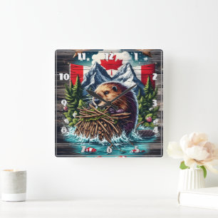 Horloge Carrée Castor canadien par Snowy Peaks