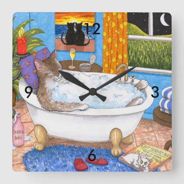 Horloge Carrée Cat 567 drôle chat dans le bain (Recto)