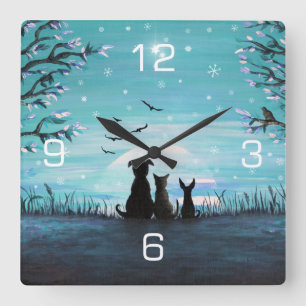 Horloge Carrée Cat and dogs Winter Sunset