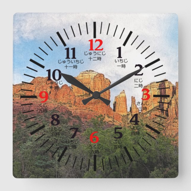 Horloge Carrée Cathédrale Rock Sedona Arizona en japonais/anglais (Recto)