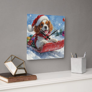 Horloge Carrée Cavalier King Charles Spaniel Chien Sledge Noël