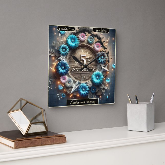 Horloge Carrée Cercle Élégant : Célébrer Cinq Ans D'Amour (Bureau)