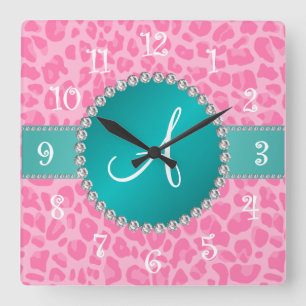 Horloge Carrée Cercle rose-clair de turquoise d'empreinte de