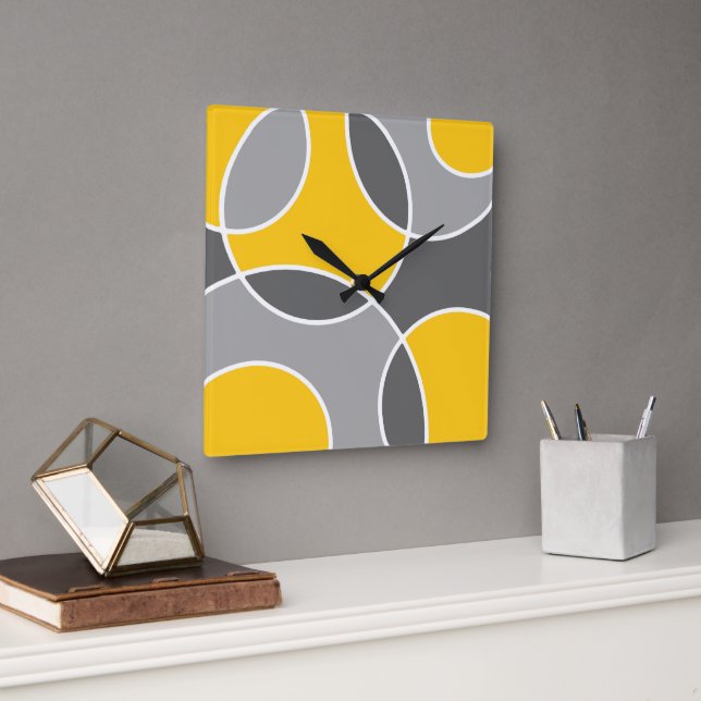 Horloge Carrée Cercles Abstraits gris jaune (Bureau)