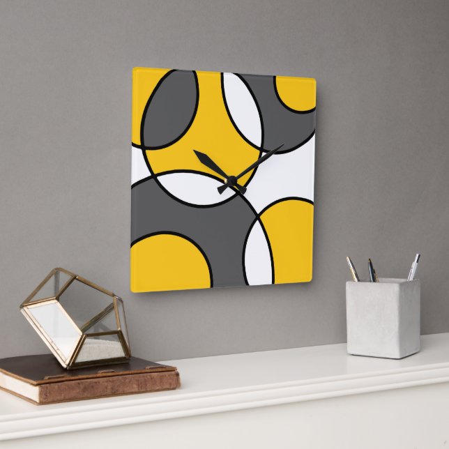 Horloge Carrée Cercles Abstraits gris jaune noir blanc (Bureau)