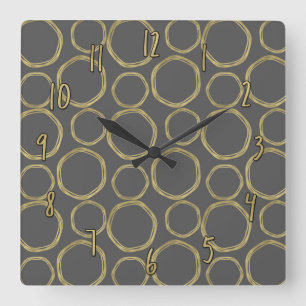 Horloge Carrée Cercles dorés et gris, moderne, tendance, chic
