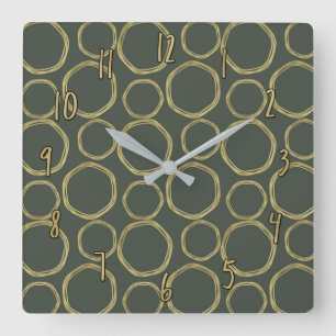 Horloge Carrée Cercles dorés & vert olive rustique moderne chic