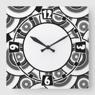 Horloge Carrée Cercles et anneaux quadrillage géométrique noir et