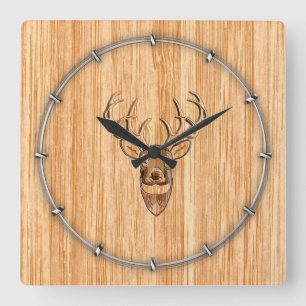 Horloge Carrée Cerf à Queue Blanche Tête Style Incrustation Bois