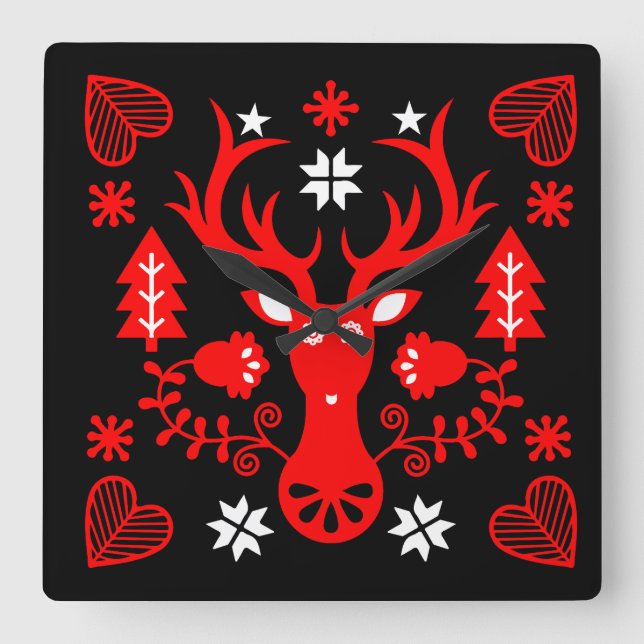 Horloge Carrée Cerf de Noël rouge scandinave (Recto)