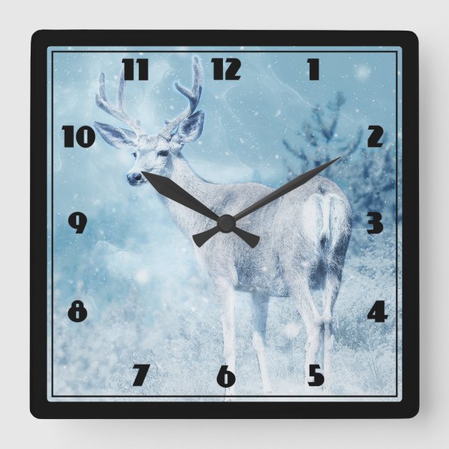 Horloge Carrée Cerfs et pins d'hiver (Recto)
