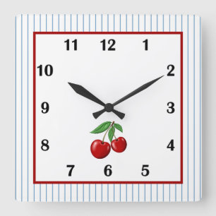 Horloge Carrée Cerise rouge sur rayures bleues