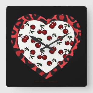 Horloge Carrée Cerises Rockabilly RAB Impression Léopard Coeur