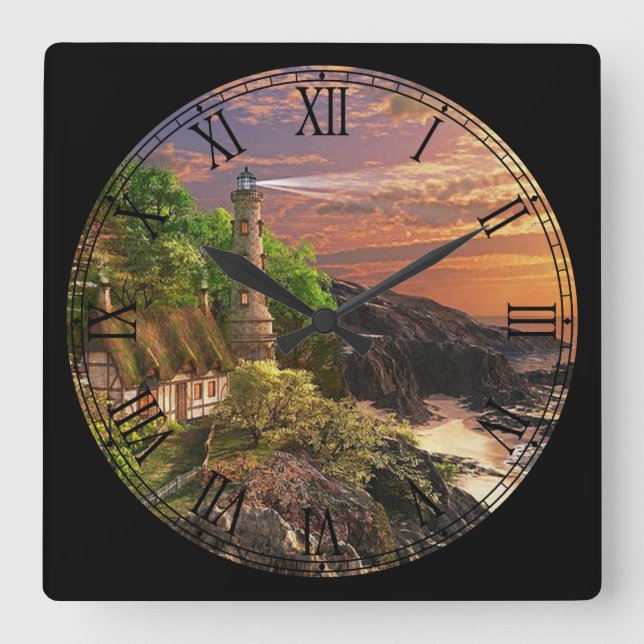 Horloge Carrée Chalet d'été et phare Art (Recto)