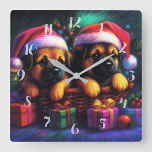Horloge Carrée Chalk Dessin deux mignonnes chiots à Santa Hats