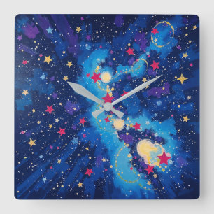 Horloge Carrée Champ d'étoiles - Style d'illustration de formes g