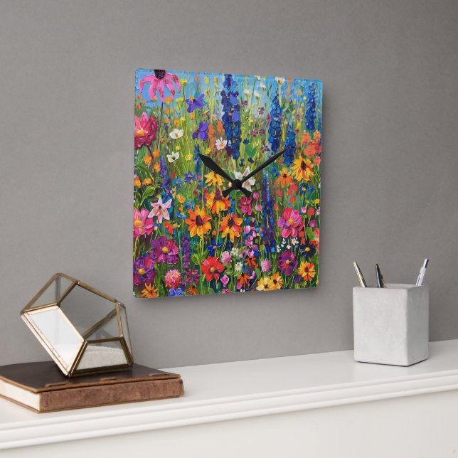 Horloge Carrée Champ fleur sauvage Peinture acrylique (Bureau)