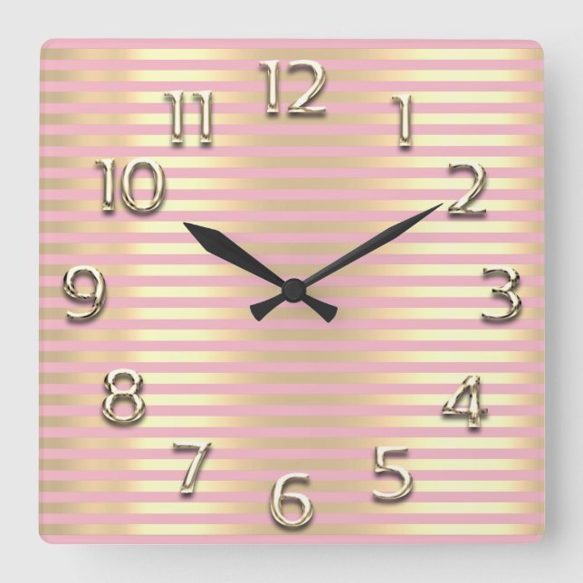 Horloge Carrée Champaigne Gold chiffres arabes Lignes roses rayur (Recto)