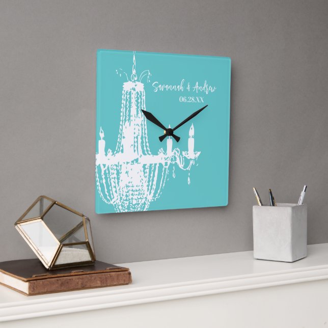 Horloge Carrée Chandelier Aqua brillant personnalisé ou couleur (Bureau)