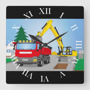 Horloge Carrée Chantier de route avec camion rouge et excavateur