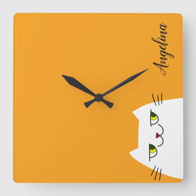 Horloge Carrée Charmant dessin animé drôle chat blanc monogramme  (Recto)