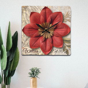 Horloge Carrée Charme botanique vintage en Fleur de papier 3D rou