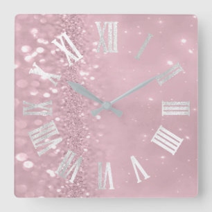 Horloge Carrée Charme romain de parties scintillantes de rose de