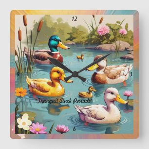 Horloge Carrée "Charming Ducks on Pond"
