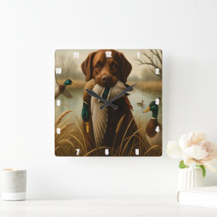 Horloge Carrée Chasse à l'étang de canard roux Retriever