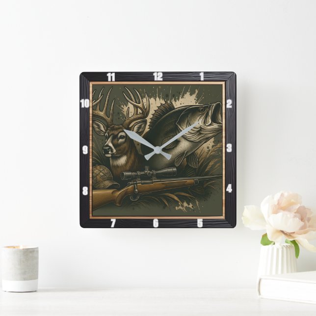 Horloge Carrée chasse rustique présentation de la faune (Maison)