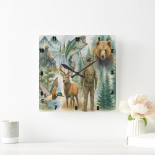 Horloge Carrée Chasseur Et Pêcheur De La Faune Extérieure