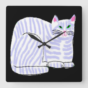 Horloge Carrée Chat à rayures violettes Art Abstrait