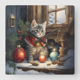 Horloge Carrée Chat adorable à Red Cape à Noël
