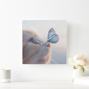 Horloge Carrée Chat adorable et papillon bleu