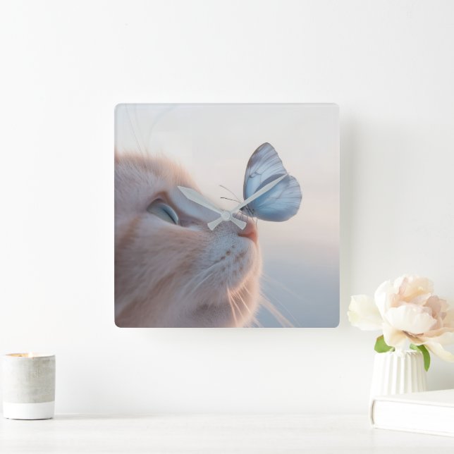 Horloge Carrée Chat adorable et papillon bleu (Maison)