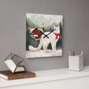 Horloge Carrée Chat angora turc à Noël sous la neige
