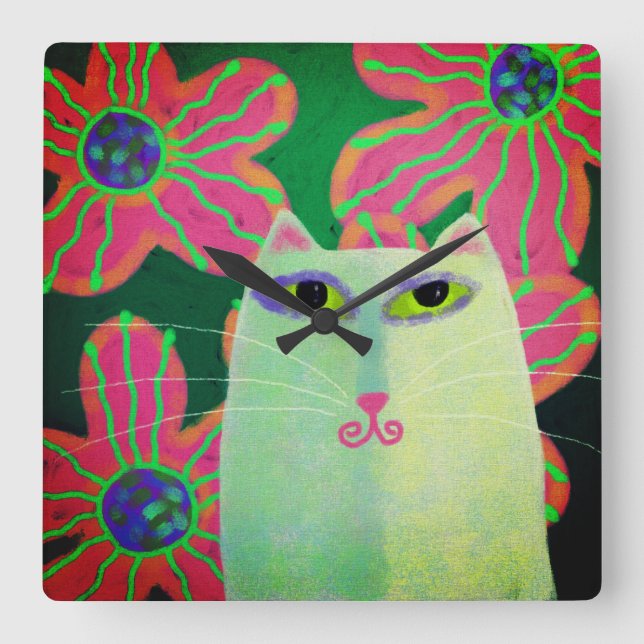 Horloge Carrée Chat aux fleurs Art Abstrait (Recto)