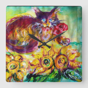 HORLOGE CARRÉE CHAT AVEC RUBAN ROUGE ET TOURNESOLS