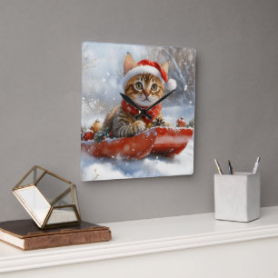 Horloge Carrée Chat Bengal dans un traîneau Laissez neige Noël